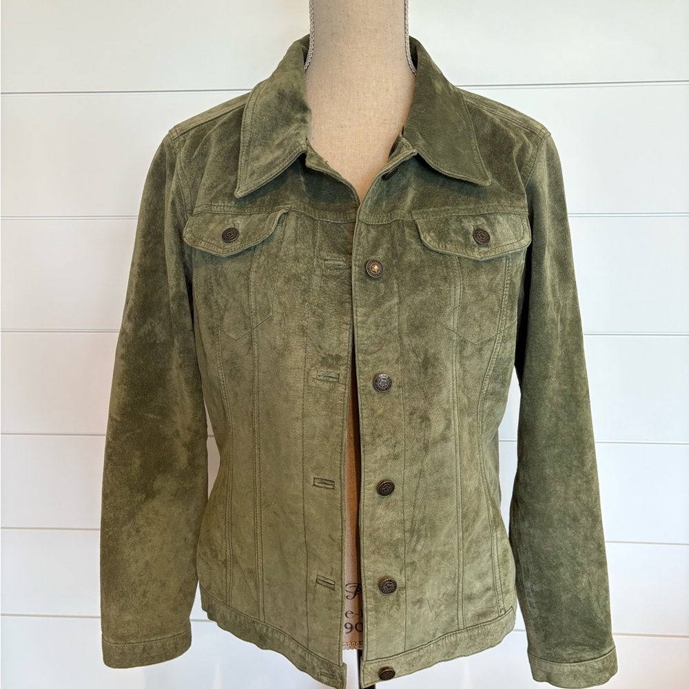 For Joseph, short waisted suede jacket, olive green, size L (machine washable)